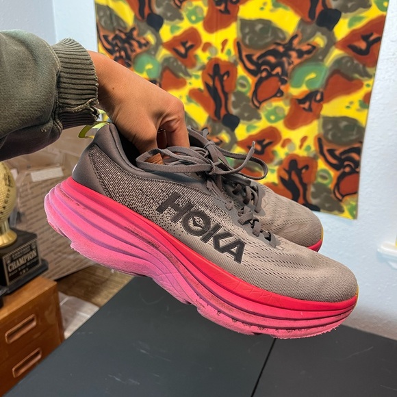 HOKA Womens Bondi 8 'Castlerock Strawberry' Size 8.5 Good Condition NO BOX - Picture 3 of 14